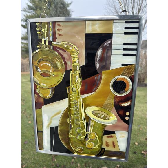 Paul Brent Hand Painted Glass Saxophone Music Sun Catcher Framed 16x11.5” - Picture 6 of 6